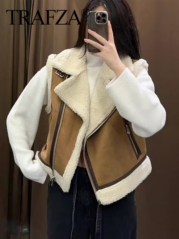 TRAFZA 2024, vestă din lână maro, pentru femei, cu fermoar, îngroșată, caldă, fără mâneci, subțire, pentru femei, topuri decupate, stradă