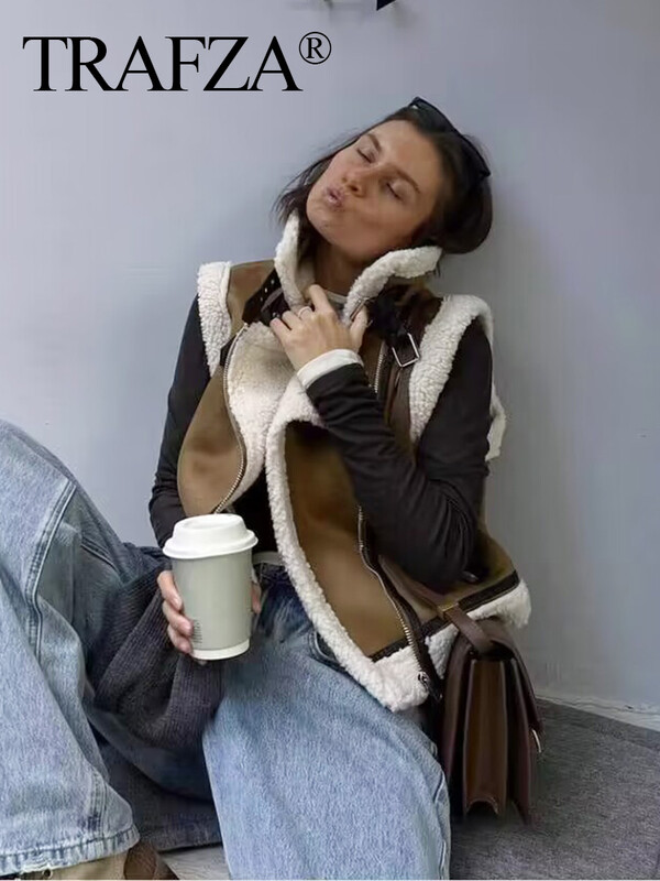 TRAFZA 2024, vestă din lână maro, pentru femei, cu fermoar, îngroșată, caldă, fără mâneci, subțire, pentru femei, topuri decupate, stradă