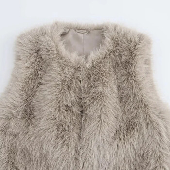 TRAF Cropped Χειμερινά Γυναικεία Γιλέκα Faux Fur Grey γιλέκο Φθινοπωρινή ζακέτα αμάνικα παλτό Χνουδωτό ζεστό γιλέκο Γυναικείο κοντό παλτό γιλέκο