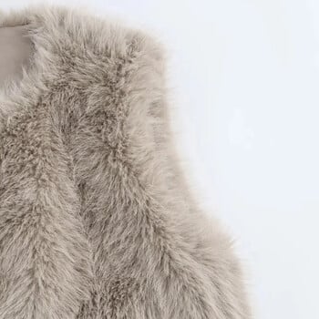 TRAF Cropped Χειμερινά Γυναικεία Γιλέκα Faux Fur Grey γιλέκο Φθινοπωρινή ζακέτα αμάνικα παλτό Χνουδωτό ζεστό γιλέκο Γυναικείο κοντό παλτό γιλέκο