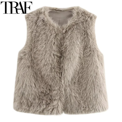 TRAF Cropped Χειμερινά Γυναικεία Γιλέκα Faux Fur Grey γιλέκο Φθινοπωρινή ζακέτα αμάνικα παλτό Χνουδωτό ζεστό γιλέκο Γυναικείο κοντό παλτό γιλέκο