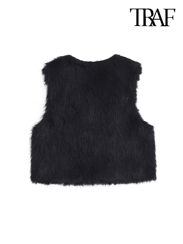 TRAF-sieviešu mākslīgās kažokādas apgriezta veste, O kakla, bez piedurknēm, sieviešu virsdrēbes, eleganti topi, modes