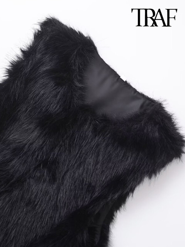 TRAF-sieviešu mākslīgās kažokādas apgriezta veste, O kakla, bez piedurknēm, sieviešu virsdrēbes, eleganti topi, modes