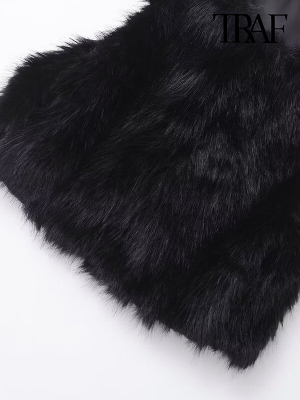 TRAF-sieviešu mākslīgās kažokādas apgriezta veste, O kakla, bez piedurknēm, sieviešu virsdrēbes, eleganti topi, modes