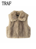TRAF 2024, toamnă, epocă, ocazional, șic, pentru femei, cu rever, cu blană artificială, fără mâneci, vestă scurtă, topuri la modă