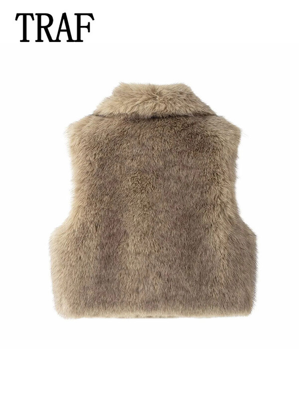 TRAF 2024, toamnă, epocă, ocazional, șic, pentru femei, cu rever, cu blană artificială, fără mâneci, vestă scurtă, topuri la modă