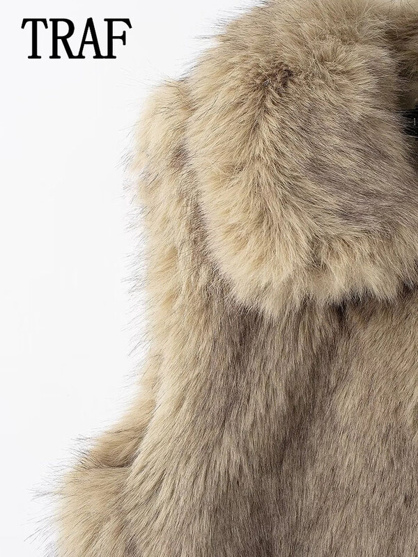 TRAF 2024, toamnă, epocă, ocazional, șic, pentru femei, cu rever, cu blană artificială, fără mâneci, vestă scurtă, topuri la modă