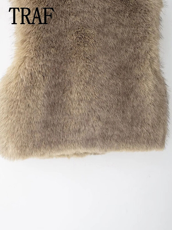 TRAF 2024, toamnă, epocă, ocazional, șic, pentru femei, cu rever, cu blană artificială, fără mâneci, vestă scurtă, topuri la modă