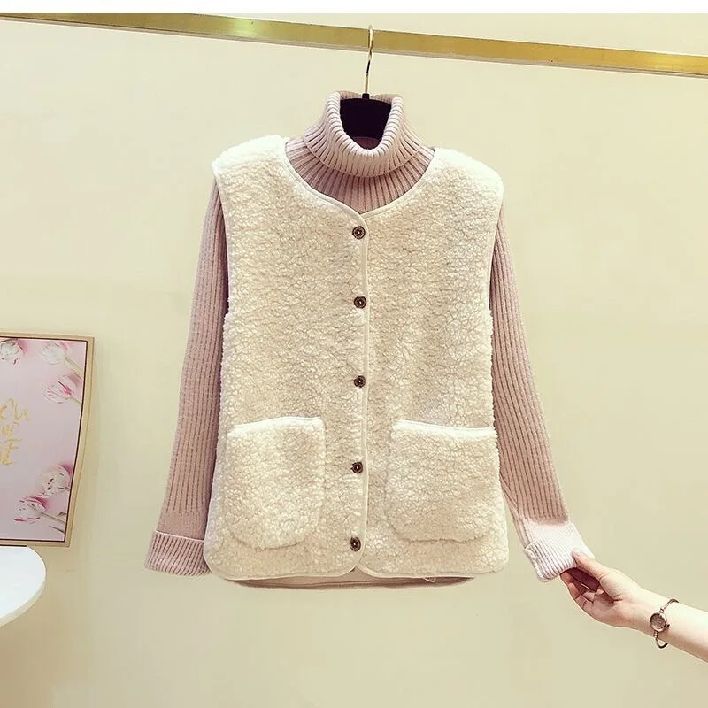 2023 г. Дамска жилетка от изкуствена овча кожа, ново есенно-зимно корейски стил, универсална дамска отворена жилетка, горно облекло, яке с потник