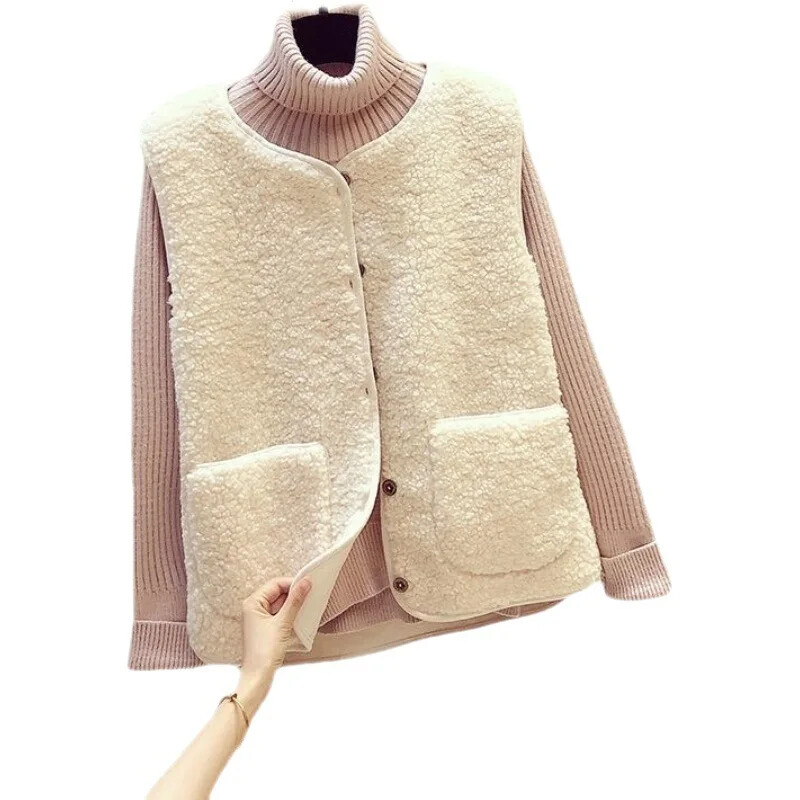 2023 г. Дамска жилетка от изкуствена овча кожа, ново есенно-зимно корейски стил, универсална дамска отворена жилетка, горно облекло, яке с потник