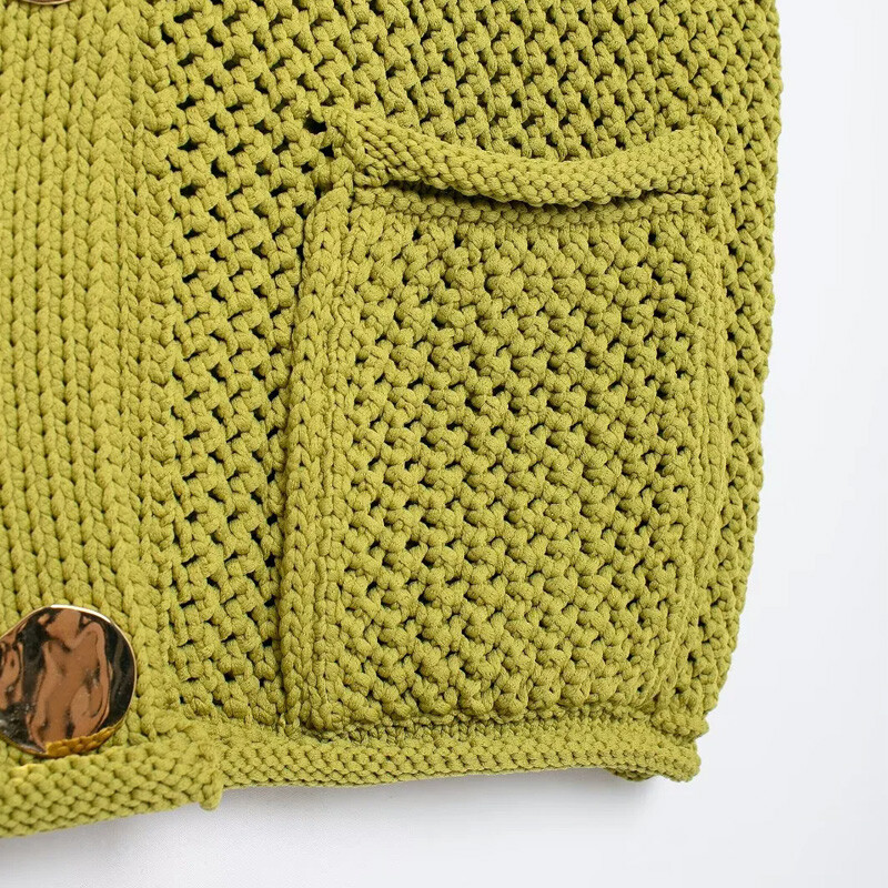 TRAF zöld kötött felső 2024 női nyár ősz elegáns, rövidre vágott mellény felsők Női divat, alkalmi, ujjatlan rövid pulóver