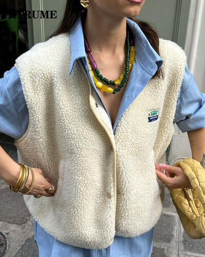 Laisvalaikio moteriškos rudeninės striukės Madingos berankovės ėrienos vilnos V formos iškirptė, vienaeilis 2024 m. Nauji paltai Elegantiškos solidžios Communte prašmatnios liemenės