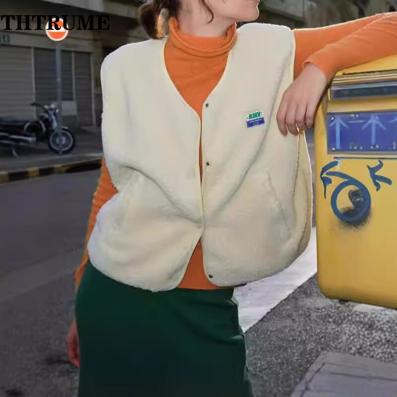 Laisvalaikio moteriškos rudeninės striukės Madingos berankovės ėrienos vilnos V formos iškirptė, vienaeilis 2024 m. Nauji paltai Elegantiškos solidžios Communte prašmatnios liemenės