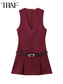 TRAF moteriška madinga plati klostuota mini suknelė, 2024 m. Elegantiškos, plonos biuro moteriškos gatvės suknelės su diržu Vestidos