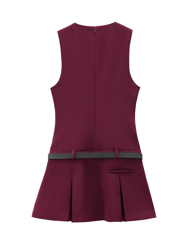 TRAF moteriška madinga plati klostuota mini suknelė, 2024 m. Elegantiškos, plonos biuro moteriškos gatvės suknelės su diržu Vestidos