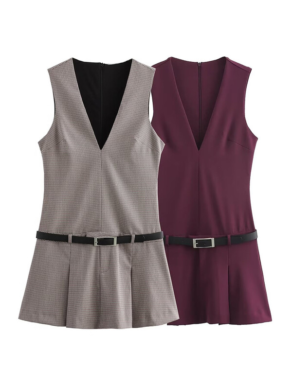 TRAF moteriška madinga plati klostuota mini suknelė, 2024 m. Elegantiškos, plonos biuro moteriškos gatvės suknelės su diržu Vestidos