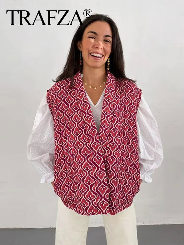 TRAFZA Vestă cu imprimeu de modă pentru femei, matlasată, fără mâneci, cusătură deschisă, cardigan, haină pentru femei, șic, casual, vestă de stradă, top