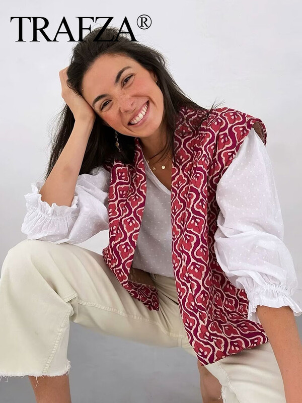 TRAFZA Vestă cu imprimeu de modă pentru femei, matlasată, fără mâneci, cusătură deschisă, cardigan, haină pentru femei, șic, casual, vestă de stradă, top