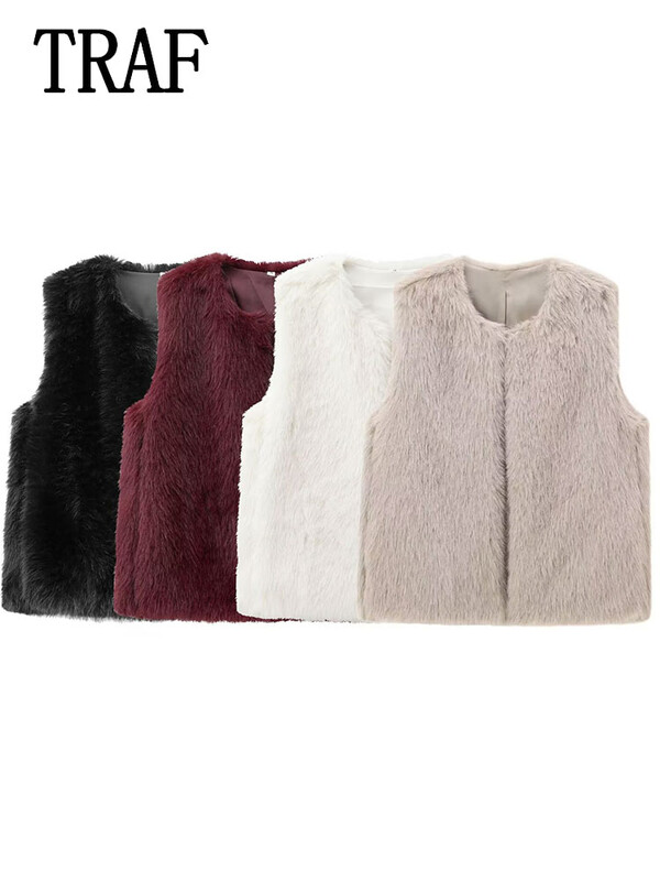 TRAF Vestă din blană falsă de iarnă pentru femei, vestă caldă, ocazională, haină, jachete fără mâneci, îmbrăcăminte de stradă, nou în îmbrăcăminte exterioară