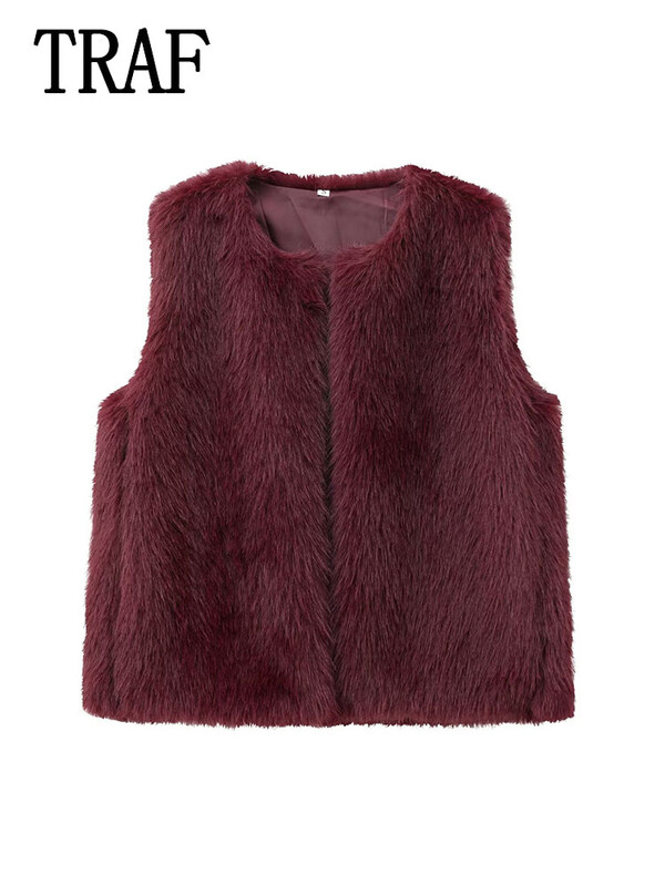 TRAF Vestă din blană falsă de iarnă pentru femei, vestă caldă, ocazională, haină, jachete fără mâneci, îmbrăcăminte de stradă, nou în îmbrăcăminte exterioară