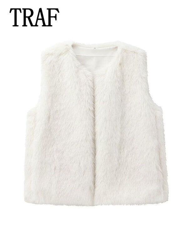 TRAF Vestă din blană falsă de iarnă pentru femei, vestă caldă, ocazională, haină, jachete fără mâneci, îmbrăcăminte de stradă, nou în îmbrăcăminte exterioară