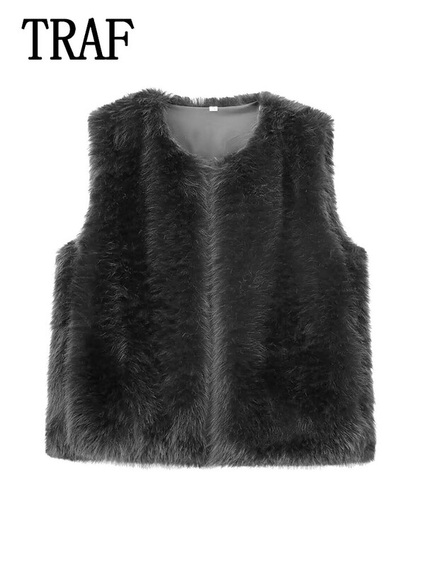 TRAF Vestă din blană falsă de iarnă pentru femei, vestă caldă, ocazională, haină, jachete fără mâneci, îmbrăcăminte de stradă, nou în îmbrăcăminte exterioară