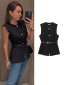 TRAF Nauji moteriški juodi viršutiniai viršutiniai marškinėliai su diržu Madingi moteriški marškinėliai be rankovių, priežastinių liemenių.