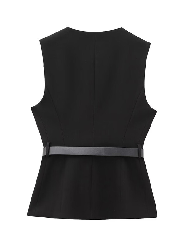 TRAF Nauji moteriški juodi viršutiniai viršutiniai marškinėliai su diržu Madingi moteriški marškinėliai be rankovių, priežastinių liemenių.