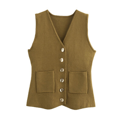 Γυναικεία αμάνικη τσέπη με λαιμόκοψη σε V με χρυσό πλεκτό γιλέκο πουλόβερ 2024 Φθινόπωρο Νέα Γυναικεία Μόδα Μασίφ, casual φανελάκι