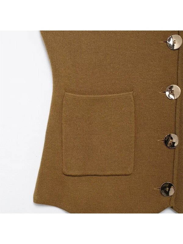 Γυναικεία αμάνικη τσέπη με λαιμόκοψη σε V με χρυσό πλεκτό γιλέκο πουλόβερ 2024 Φθινόπωρο Νέα Γυναικεία Μόδα Μασίφ, casual φανελάκι