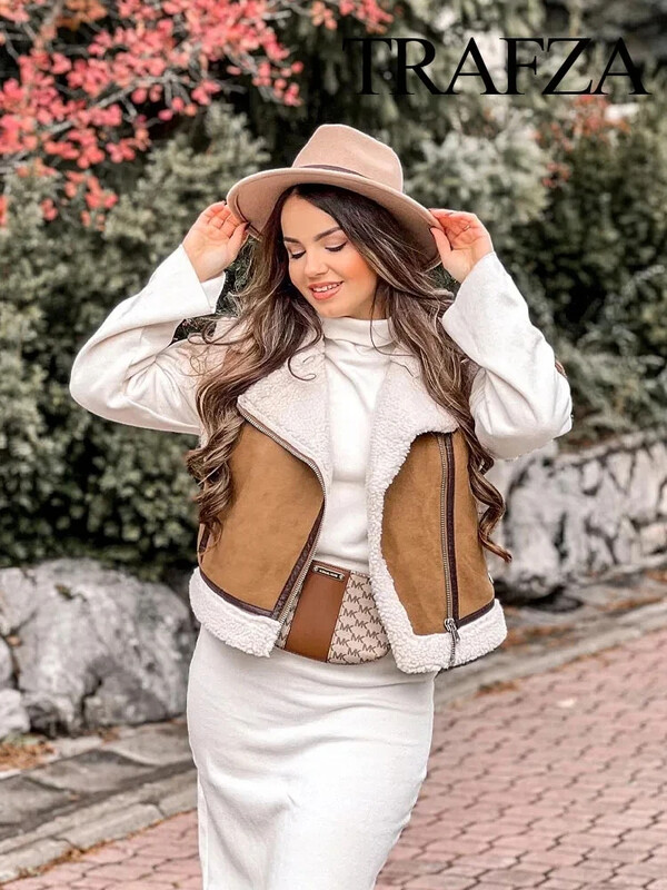 TRAFZA 2024 téli női divatos, vastagított, meleg cipzáras mellény dzseki műbőr báránygyapjú patchwork női karcsú mellény Y2K