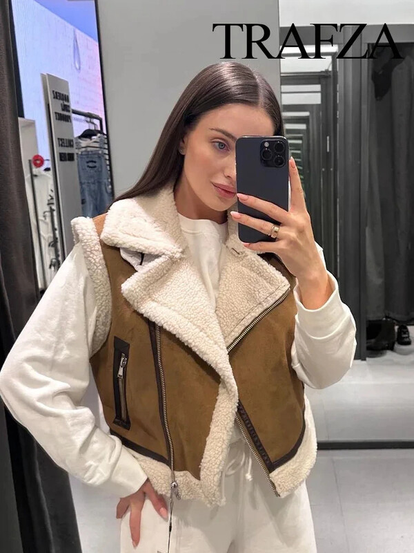 TRAFZA 2024 téli női divatos, vastagított, meleg cipzáras mellény dzseki műbőr báránygyapjú patchwork női karcsú mellény Y2K