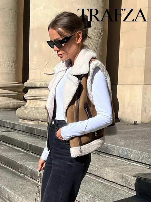 TRAFZA 2024 téli női divatos, vastagított, meleg cipzáras mellény dzseki műbőr báránygyapjú patchwork női karcsú mellény Y2K