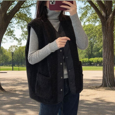 Smvp Fashion Γιλέκο με λαιμόκοψη μονόχρωμο Μαλακό φαρδύ μονόπλευρο αναστρέψιμο Αμάνικο ζεστό βελούδινο Παχύ γυναικείο παλτό Teddy