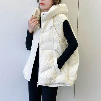 Naujos žieminės megztos siūlės moteriškos parkas liemenės trumpos laisvos, šiltos rankovės, pūkinės medvilnės liemenės paltas Moteriška liemenė