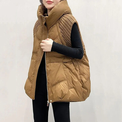 Naujos žieminės megztos siūlės moteriškos parkas liemenės trumpos laisvos, šiltos rankovės, pūkinės medvilnės liemenės paltas Moteriška liemenė