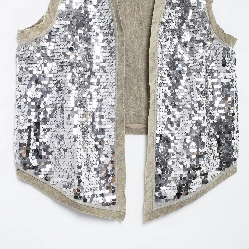 TRAF sequin atvērtas vestes sievietēm mirdzošas piedurkņu veste sieviešu vasaras veste veste Top sieviešu luksusa sieviešu vestes 2731/055