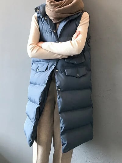 Sügistalvine pikk vest naiste puuvillane varrukateta jakk Korea vabaaja soliidne vest, mood avar soe sulemantel Veste Femme