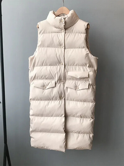 Rudens ziemas garā veste sieviešu kokvilnas jaka bez piedurknēm korejiešu ikdienišķa vienkrāsaina veste Mode, brīvs, silts dūnu mētelis Veste Femme