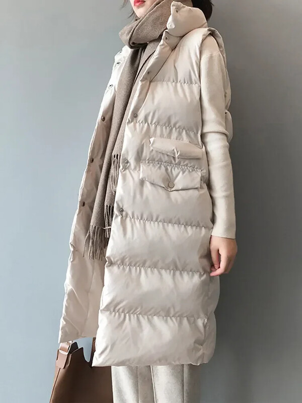 Rudens ziemas garā veste sieviešu kokvilnas jaka bez piedurknēm korejiešu ikdienišķa vienkrāsaina veste Mode, brīvs, silts dūnu mētelis Veste Femme