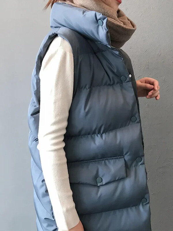 Rudens ziemas garā veste sieviešu kokvilnas jaka bez piedurknēm korejiešu ikdienišķa vienkrāsaina veste Mode, brīvs, silts dūnu mētelis Veste Femme