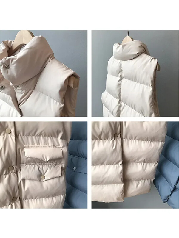 Rudens ziemas garā veste sieviešu kokvilnas jaka bez piedurknēm korejiešu ikdienišķa vienkrāsaina veste Mode, brīvs, silts dūnu mētelis Veste Femme