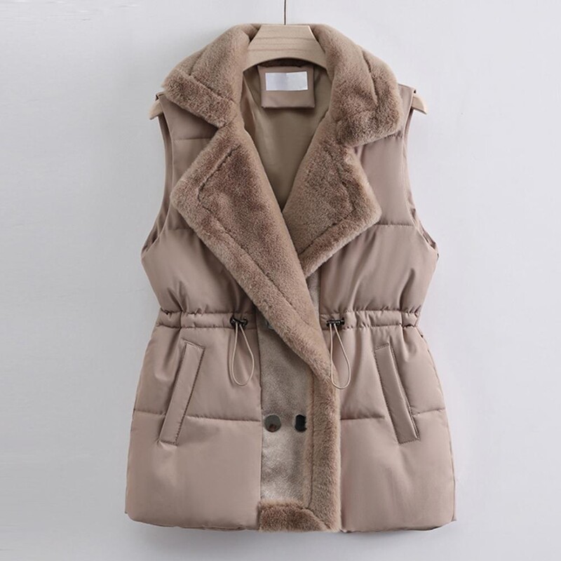 Vestă ușoară pentru femei Vestă scurtă pentru femei Vestă elegantă de iarnă pentru femei cu căptușeală de pluș Talie cu șnur fără mâneci pentru frig