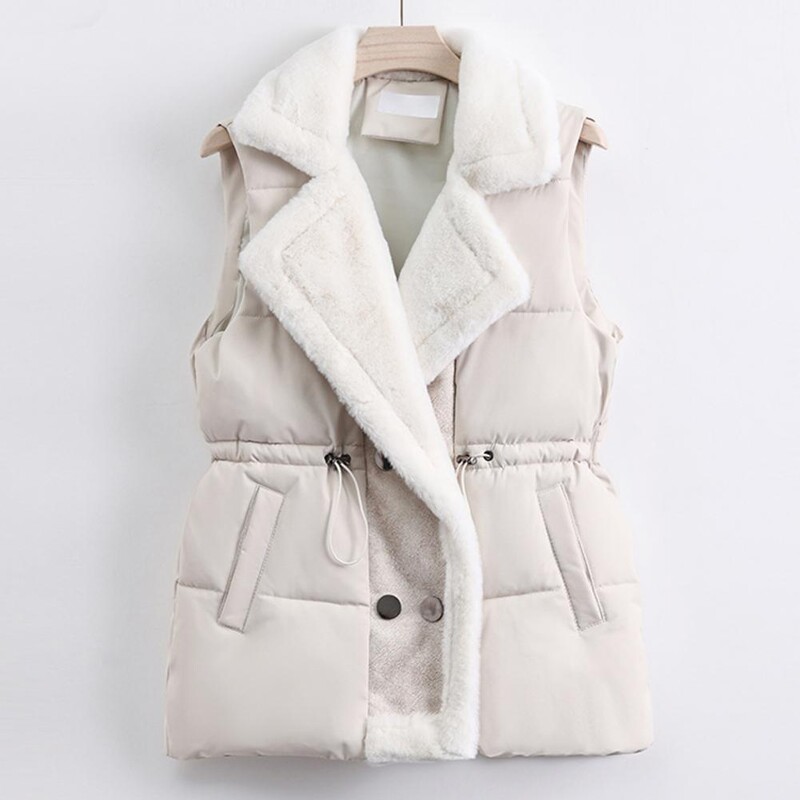 Vestă ușoară pentru femei Vestă scurtă pentru femei Vestă elegantă de iarnă pentru femei cu căptușeală de pluș Talie cu șnur fără mâneci pentru frig