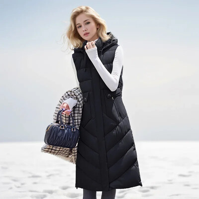 2024-es divat téli hosszú mellény női felsőruházat kapucnis Elegáns vastag meleg téli dzsekik női kabát ujjatlan pehely pamut parka