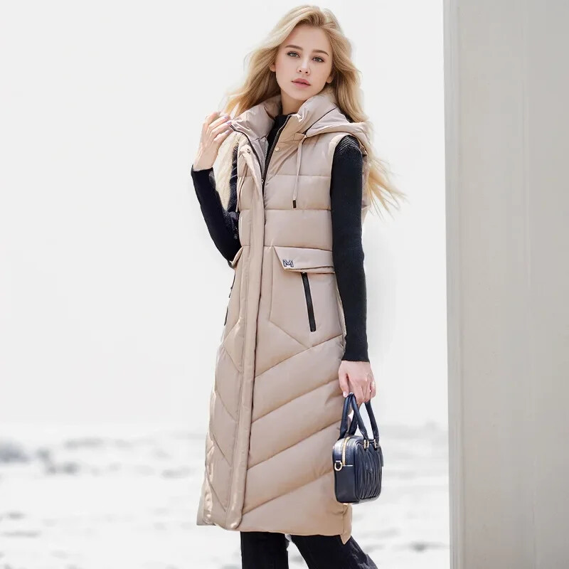2024-es divat téli hosszú mellény női felsőruházat kapucnis Elegáns vastag meleg téli dzsekik női kabát ujjatlan pehely pamut parka