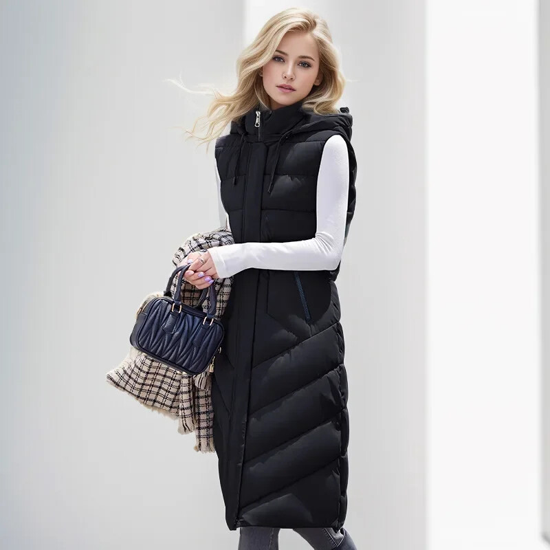 2024-es divat téli hosszú mellény női felsőruházat kapucnis Elegáns vastag meleg téli dzsekik női kabát ujjatlan pehely pamut parka