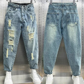 Moderns zīmola vīriešu džinsi vasaras stils, mazas pēdas apgrieztas bikses, brīvas, daudzpusīgas harēma bikses, lauku stila moderns tētis