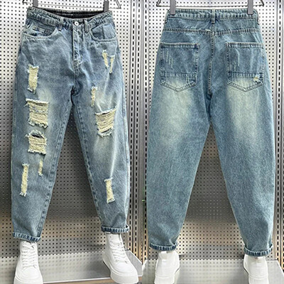 Moderns zīmola vīriešu džinsi vasaras stils, mazas pēdas apgrieztas bikses, brīvas, daudzpusīgas harēma bikses, lauku stila moderns tētis