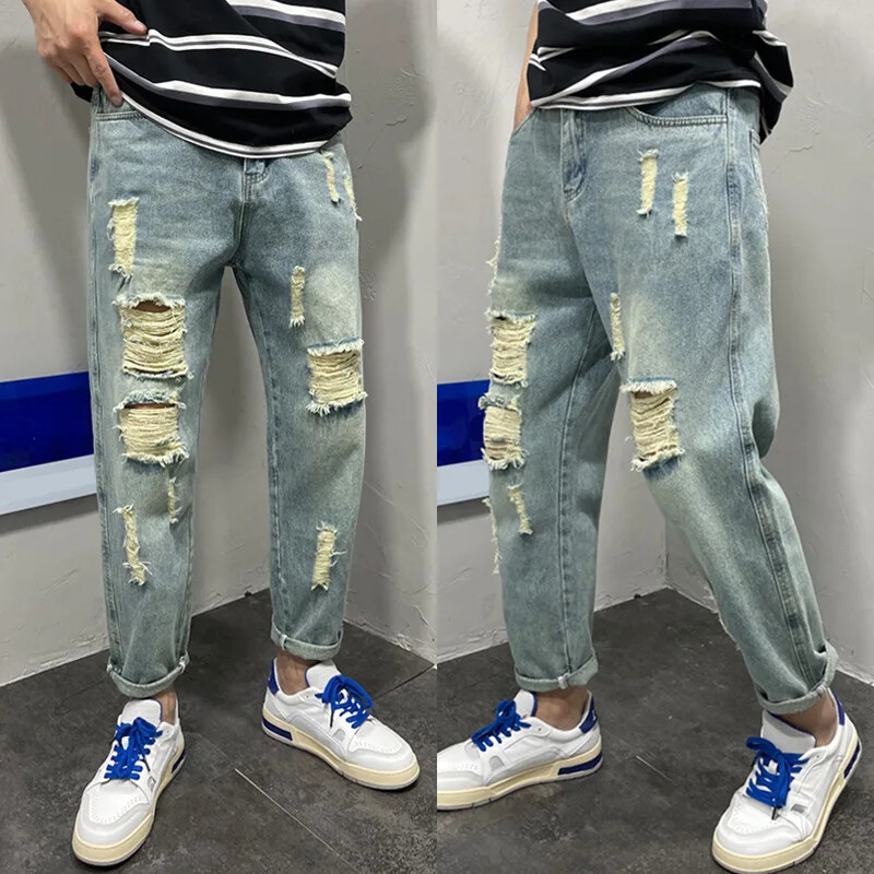 Moderns zīmola vīriešu džinsi vasaras stils, mazas pēdas apgrieztas bikses, brīvas, daudzpusīgas harēma bikses, lauku stila moderns tētis